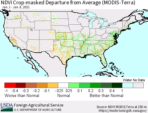 United States Cropland NDVI Departure from Average (Terra-MODIS) Thematic Map For 1/1/2021 - 1/10/2021
