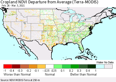 United States Cropland NDVI Departure from Average (Terra-MODIS) Thematic Map For 2/26/2021 - 3/5/2021