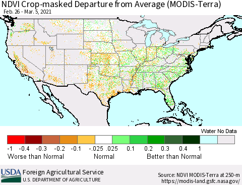 United States Cropland NDVI Departure from Average (Terra-MODIS) Thematic Map For 3/1/2021 - 3/10/2021