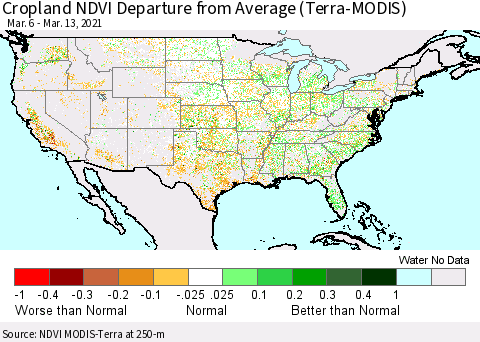 United States Cropland NDVI Departure from Average (Terra-MODIS) Thematic Map For 3/6/2021 - 3/13/2021