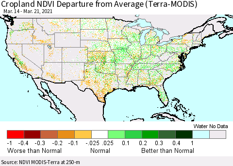United States Cropland NDVI Departure from Average (Terra-MODIS) Thematic Map For 3/14/2021 - 3/21/2021