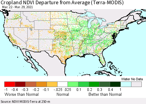 United States Cropland NDVI Departure from Average (Terra-MODIS) Thematic Map For 3/22/2021 - 3/29/2021