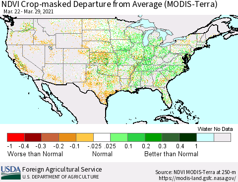 United States Cropland NDVI Departure from Average (Terra-MODIS) Thematic Map For 3/21/2021 - 3/31/2021