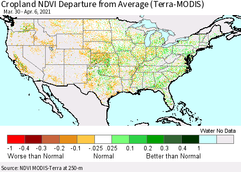 United States Cropland NDVI Departure from Average (Terra-MODIS) Thematic Map For 3/30/2021 - 4/6/2021