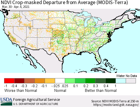 United States NDVI Crop-masked Departure from Average (MODIS-Terra) Thematic Map For 4/1/2021 - 4/10/2021