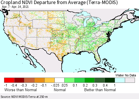 United States Cropland NDVI Departure from Average (Terra-MODIS) Thematic Map For 4/7/2021 - 4/14/2021