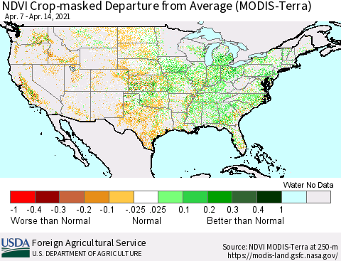 United States Cropland NDVI Departure from Average (Terra-MODIS) Thematic Map For 4/11/2021 - 4/20/2021