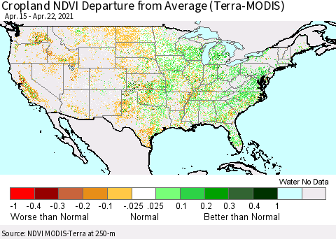 United States Cropland NDVI Departure from Average (Terra-MODIS) Thematic Map For 4/15/2021 - 4/22/2021