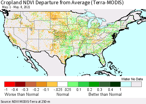 United States Cropland NDVI Departure from Average (Terra-MODIS) Thematic Map For 5/1/2021 - 5/8/2021