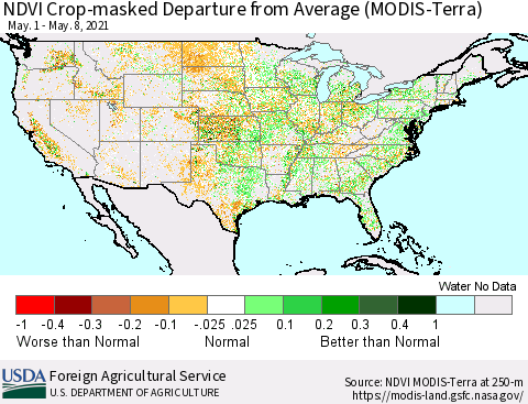 United States Cropland NDVI Departure from Average (Terra-MODIS) Thematic Map For 5/1/2021 - 5/10/2021