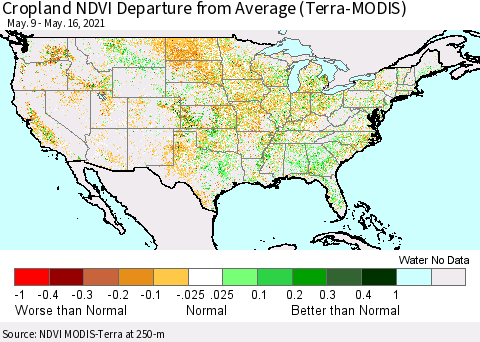 United States Cropland NDVI Departure from Average (Terra-MODIS) Thematic Map For 5/9/2021 - 5/16/2021