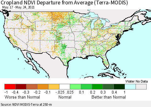 United States Cropland NDVI Departure from Average (Terra-MODIS) Thematic Map For 5/17/2021 - 5/24/2021