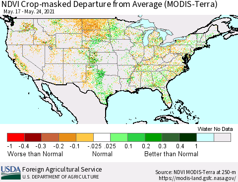 United States NDVI Crop-masked Departure from Average (MODIS-Terra) Thematic Map For 5/21/2021 - 5/31/2021