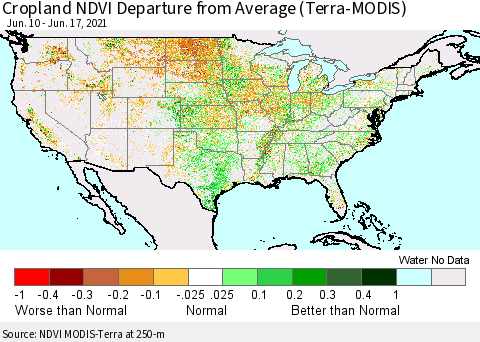 United States Cropland NDVI Departure from Average (Terra-MODIS) Thematic Map For 6/10/2021 - 6/17/2021