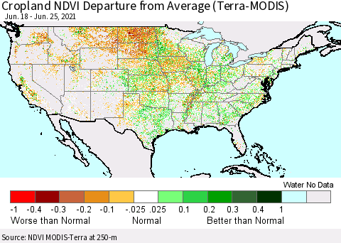 United States Cropland NDVI Departure from Average (Terra-MODIS) Thematic Map For 6/18/2021 - 6/25/2021