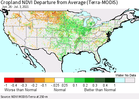 United States Cropland NDVI Departure from Average (Terra-MODIS) Thematic Map For 6/26/2021 - 7/3/2021
