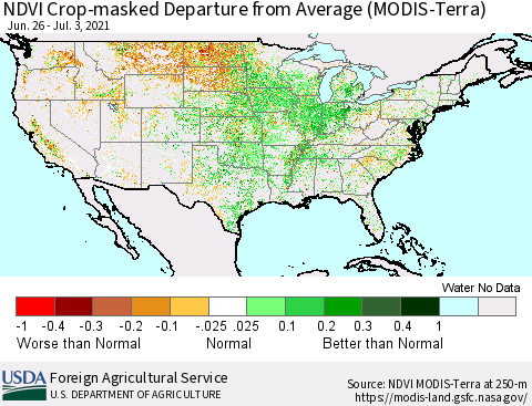 United States Cropland NDVI Departure from Average (Terra-MODIS) Thematic Map For 7/1/2021 - 7/10/2021