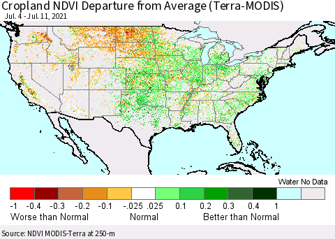 United States Cropland NDVI Departure from Average (Terra-MODIS) Thematic Map For 7/4/2021 - 7/11/2021
