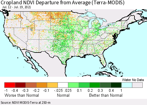 United States Cropland NDVI Departure from Average (Terra-MODIS) Thematic Map For 7/12/2021 - 7/19/2021