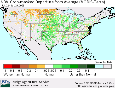 United States Cropland NDVI Departure from Average (Terra-MODIS) Thematic Map For 7/11/2021 - 7/20/2021