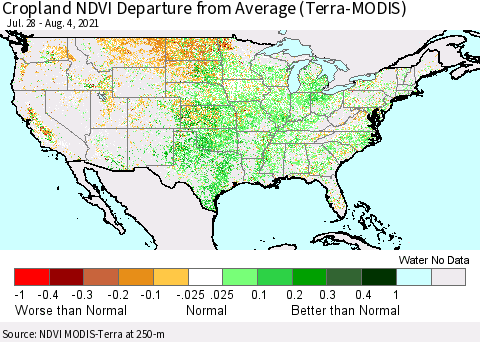 United States Cropland NDVI Departure from Average (Terra-MODIS) Thematic Map For 7/28/2021 - 8/4/2021