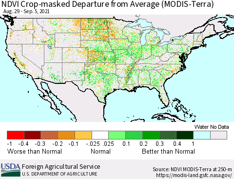 United States Cropland NDVI Departure from Average (Terra-MODIS) Thematic Map For 9/1/2021 - 9/10/2021