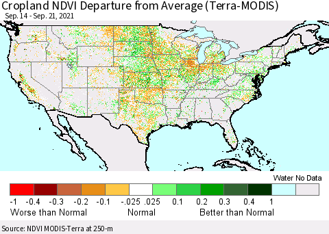 United States Cropland NDVI Departure from Average (Terra-MODIS) Thematic Map For 9/14/2021 - 9/21/2021