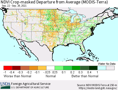 United States Cropland NDVI Departure from Average (Terra-MODIS) Thematic Map For 9/21/2021 - 9/30/2021