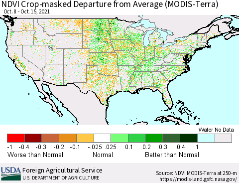 United States Cropland NDVI Departure from Average (Terra-MODIS) Thematic Map For 10/11/2021 - 10/20/2021