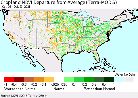 United States Cropland NDVI Departure from Average (Terra-MODIS) Thematic Map For 10/16/2021 - 10/23/2021