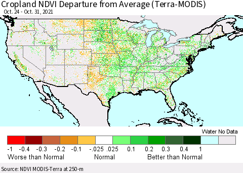 United States Cropland NDVI Departure from Average (Terra-MODIS) Thematic Map For 10/21/2021 - 10/31/2021