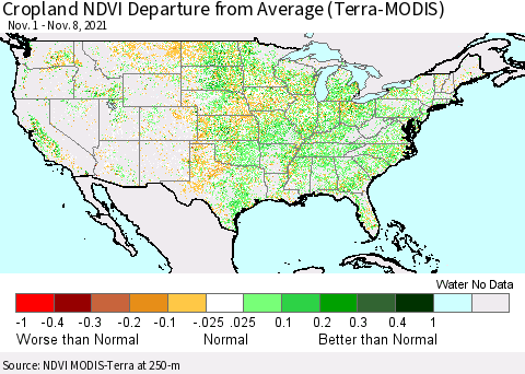 United States Cropland NDVI Departure from Average (Terra-MODIS) Thematic Map For 11/1/2021 - 11/8/2021