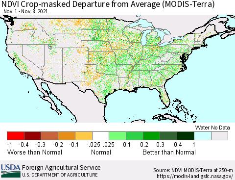 United States Cropland NDVI Departure from Average (Terra-MODIS) Thematic Map For 11/1/2021 - 11/10/2021