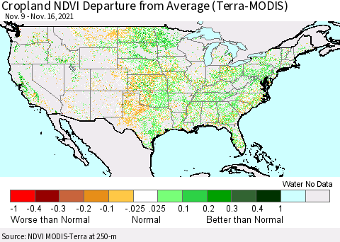 United States Cropland NDVI Departure from Average (Terra-MODIS) Thematic Map For 11/9/2021 - 11/16/2021
