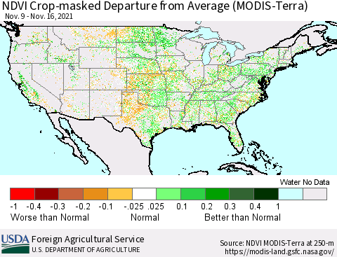 United States Cropland NDVI Departure from Average (Terra-MODIS) Thematic Map For 11/11/2021 - 11/20/2021