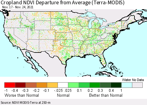 United States Cropland NDVI Departure from Average (Terra-MODIS) Thematic Map For 11/17/2021 - 11/24/2021
