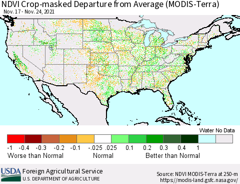United States Cropland NDVI Departure from Average (Terra-MODIS) Thematic Map For 11/21/2021 - 11/30/2021