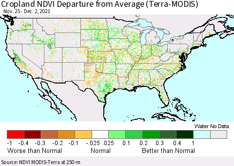 United States Cropland NDVI Departure from Average (Terra-MODIS) Thematic Map For 11/25/2021 - 12/2/2021