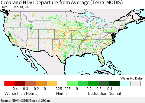 United States Cropland NDVI Departure from Average (Terra-MODIS) Thematic Map For 12/1/2021 - 12/10/2021
