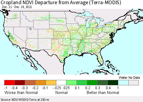 United States Cropland NDVI Departure from Average (Terra-MODIS) Thematic Map For 12/11/2021 - 12/18/2021