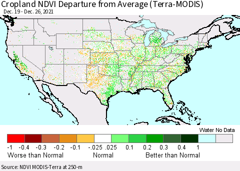 United States Cropland NDVI Departure from Average (Terra-MODIS) Thematic Map For 12/19/2021 - 12/26/2021