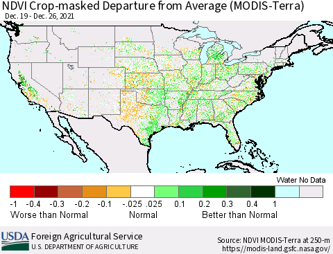 United States Cropland NDVI Departure from Average (Terra-MODIS) Thematic Map For 12/21/2021 - 12/31/2021