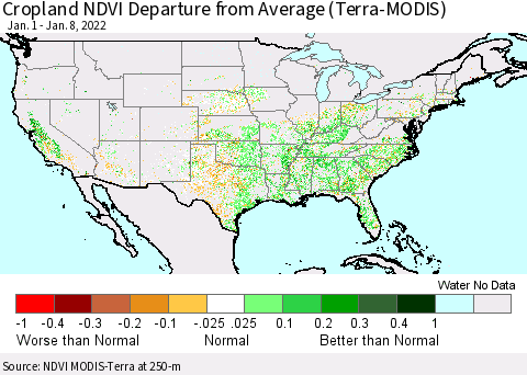 United States Cropland NDVI Departure from Average (Terra-MODIS) Thematic Map For 1/1/2022 - 1/8/2022