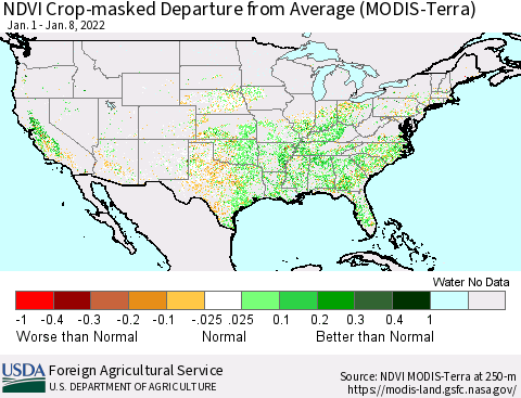 United States Cropland NDVI Departure from Average (Terra-MODIS) Thematic Map For 1/1/2022 - 1/10/2022