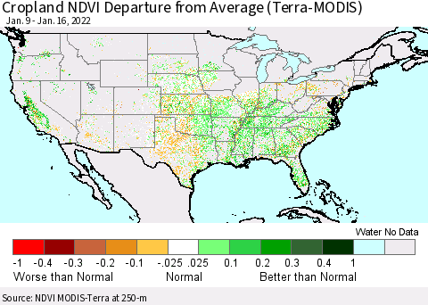 United States Cropland NDVI Departure from Average (Terra-MODIS) Thematic Map For 1/9/2022 - 1/16/2022