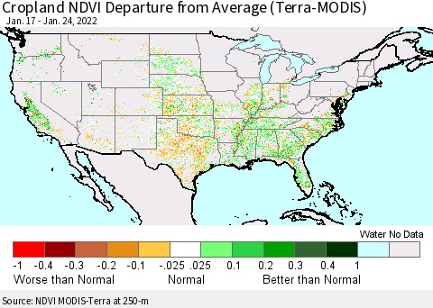 United States Cropland NDVI Departure from Average (Terra-MODIS) Thematic Map For 1/17/2022 - 1/24/2022