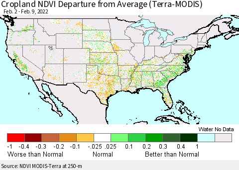 United States Cropland NDVI Departure from Average (Terra-MODIS) Thematic Map For 2/2/2022 - 2/9/2022