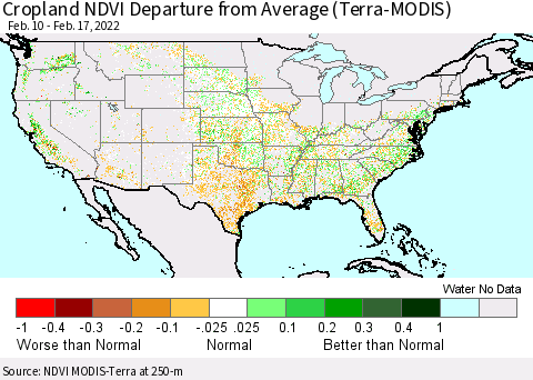 United States Cropland NDVI Departure from Average (Terra-MODIS) Thematic Map For 2/10/2022 - 2/17/2022