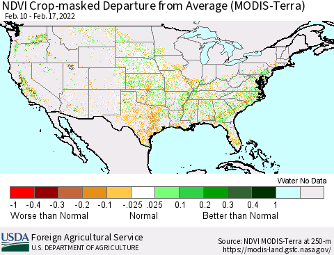 United States Cropland NDVI Departure from Average (Terra-MODIS) Thematic Map For 2/11/2022 - 2/20/2022