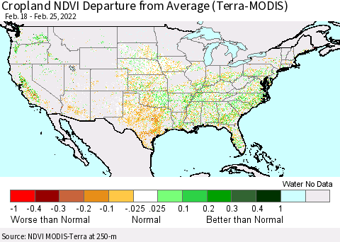 United States Cropland NDVI Departure from Average (Terra-MODIS) Thematic Map For 2/18/2022 - 2/25/2022
